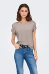 Onlmoster Streç Çizgili Regular Fit Bisiklet Yaka Kadın T Shirt 15206243 VİZON-BEYAZ