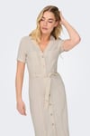 Onlsiesta Keten Karışımlı Regular Fit V Yaka Midi Boy Cepli Kadın Elbise 15347210 BEJ