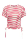 Only Onldevin Slim Fit Bisiklet Yaka Çizgili Büzgü Detaylı Bayan T Shirt 15346302 KIRMIZI-KREM
