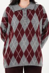 Oversize Baklava Desenli Düğmeli Kadın Polo Yaka Kazak 4615593 ANTRASİT-BORDO