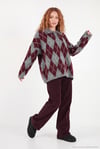 Oversize Baklava Desenli Düğmeli Kadın Polo Yaka Kazak 4615593 ANTRASİT-BORDO