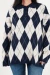 Oversize Baklava Desenli Düğmeli Kadın Polo Yaka Kazak 4615593 LACİVERT-TAŞ