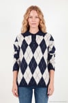 Oversize Baklava Desenli Düğmeli Kadın Polo Yaka Kazak 4615593 LACİVERT-TAŞ