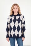 Oversize Baklava Desenli Düğmeli Kadın Polo Yaka Kazak 4615593 LACİVERT-TAŞ