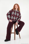 Oversize Baklava Desenli Düğmeli Kadın Polo Yaka Kazak 4615593 ANTRASİT-BORDO
