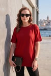 Oversize Bisiklet Yaka Yırtmaç Detaylı Kadın Bluz 5863683 KIRMIZI