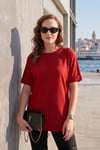Oversize Bisiklet Yaka Yırtmaç Detaylı Kadın Bluz 5863683 KIRMIZI