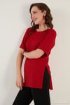Oversize Bisiklet Yaka Yırtmaç Detaylı Kadın Bluz 5863683 KIRMIZI