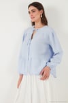Oversize Fit Balon Kol Bağlamalı Yaka Detaylı Kadın Gömlek 6772618 BEBE MAVİ