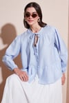 Oversize Fit Balon Kol Bağlamalı Yaka Detaylı Kadın Gömlek 6772618 BEBE MAVİ