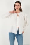 Oversize Fit Balon Kol Bağlamalı Yaka Detaylı Kadın Gömlek 6772618 BEYAZ