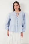 Oversize Fit Balon Kol Bağlamalı Yaka Detaylı Kadın Gömlek 6772618 BEBE MAVİ
