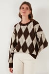 Oversize Fit Bisiklet Yaka Baklava Desenli Yumuşak Dokulu Kadın Kazak 4616223 KAHVE
