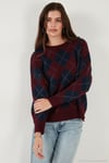 Oversize Fit Bisiklet Yaka Baklava Desenli Kadın Kazak 4615579 BORDO
