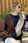 Oversize Fit Bisiklet Yaka Baklava Desenli Kadın Kazak 4615578 LACİVERT
