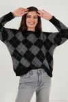 Oversize Fit Bisiklet Yaka Baklava Desenli Kadın Kazak 4615579 SİYAH