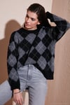 Oversize Fit Bisiklet Yaka Baklava Desenli Kadın Kazak 4615579 SİYAH