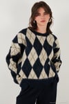 Oversize Fit Bisiklet Yaka Baklava Desenli Yumuşak Dokulu Kadın Kazak 4616223 LACİVERT