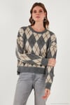 Oversize Fit Bisiklet Yaka Baklava Desenli Yumuşak Dokulu Kadın Kazak 4616223 GRİ