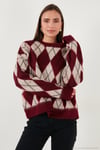 Oversize Fit Bisiklet Yaka Baklava Desenli Yumuşak Dokulu Kadın Kazak 4616223 BORDO
