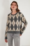 Oversize Fit Bisiklet Yaka Baklava Desenli Yumuşak Dokulu Kadın Kazak 4616223 GRİ