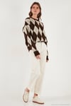 Oversize Fit Bisiklet Yaka Baklava Desenli Yumuşak Dokulu Kadın Kazak 4616223 KAHVE