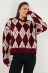 Oversize Fit Bisiklet Yaka Baklava Desenli Yumuşak Dokulu Kadın Kazak 4616223 BORDO