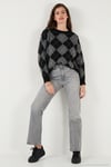 Oversize Fit Bisiklet Yaka Baklava Desenli Kadın Kazak 4615579 SİYAH