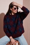 Oversize Fit Bisiklet Yaka Baklava Desenli Kadın Kazak 4615579 BORDO