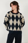 Oversize Fit Bisiklet Yaka Baklava Desenli Yumuşak Dokulu Kadın Kazak 4616223 LACİVERT