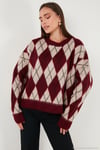 Oversize Fit Bisiklet Yaka Baklava Desenli Yumuşak Dokulu Kadın Kazak 4616223 BORDO