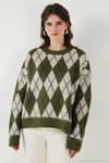 Oversize Fit Bisiklet Yaka Baklava Desenli Yumuşak Dokulu Kadın Kazak 4616223 HAKİ