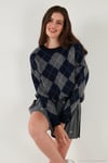 Oversize Fit Bisiklet Yaka Baklava Desenli Kadın Kazak 4615579 LACİVERT