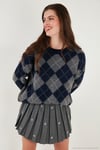Oversize Fit Bisiklet Yaka Baklava Desenli Kadın Kazak 4615579 LACİVERT