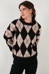 Oversize Fit Bisiklet Yaka Baklava Desenli Yumuşak Dokulu Kadın Kazak 4616223 SİYAH
