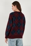 Oversize Fit Bisiklet Yaka Baklava Desenli Kadın Kazak 4615579 BORDO