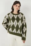 Oversize Fit Bisiklet Yaka Baklava Desenli Yumuşak Dokulu Kadın Kazak 4616223 HAKİ