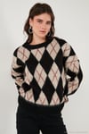 Oversize Fit Bisiklet Yaka Baklava Desenli Yumuşak Dokulu Kadın Kazak 4616223 SİYAH