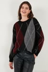 Oversize Fit Bisiklet Yaka Baklava Desenli Kadın Kazak 4615578 SİYAH