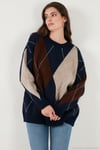 Oversize Fit Bisiklet Yaka Baklava Desenli Kadın Kazak 4615578 LACİVERT