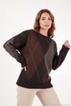 Oversize Fit Bisiklet Yaka Baklava Desenli Kadın Kazak 4615578 KAHVE