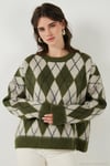 Oversize Fit Bisiklet Yaka Baklava Desenli Yumuşak Dokulu Kadın Kazak 4616223 HAKİ