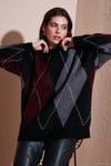 Oversize Fit Bisiklet Yaka Baklava Desenli Kadın Kazak 4615578 SİYAH