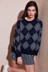 Oversize Fit Bisiklet Yaka Baklava Desenli Kadın Kazak 4615579 LACİVERT