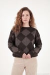 Oversize Fit Bisiklet Yaka Baklava Desenli Kadın Kazak 4615579 KAHVE