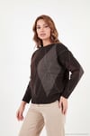 Oversize Fit Bisiklet Yaka Baklava Desenli Kadın Kazak 4615578 KAHVE