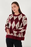 Oversize Fit Bisiklet Yaka Baklava Desenli Yumuşak Dokulu Kadın Kazak 4616223 BORDO