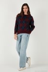 Oversize Fit Bisiklet Yaka Baklava Desenli Kadın Kazak 4615579 BORDO