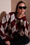 Oversize Fit Bisiklet Yaka Baklava Desenli Yumuşak Dokulu Kadın Kazak 4616223 BORDO