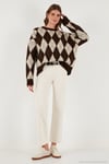 Oversize Fit Bisiklet Yaka Baklava Desenli Yumuşak Dokulu Kadın Kazak 4616223 KAHVE